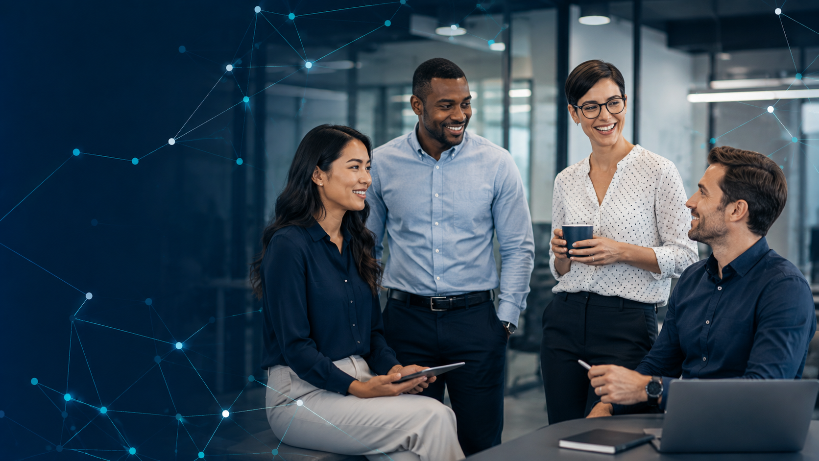 A professional team working together in a connected digital environment