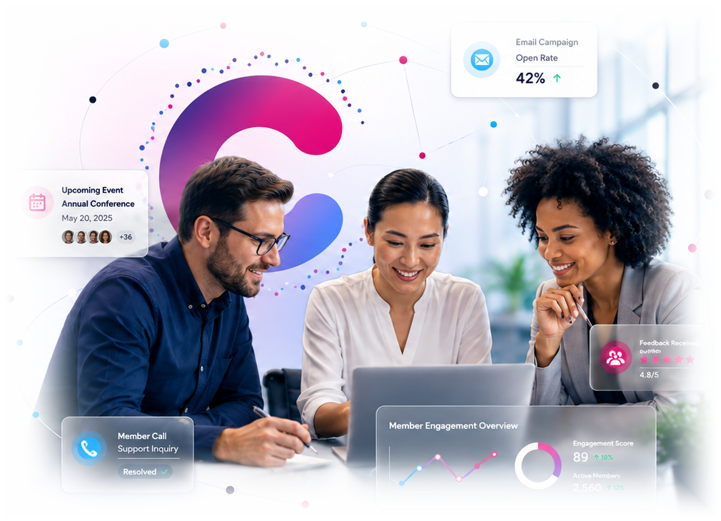 People working together with connected member engagement graphics